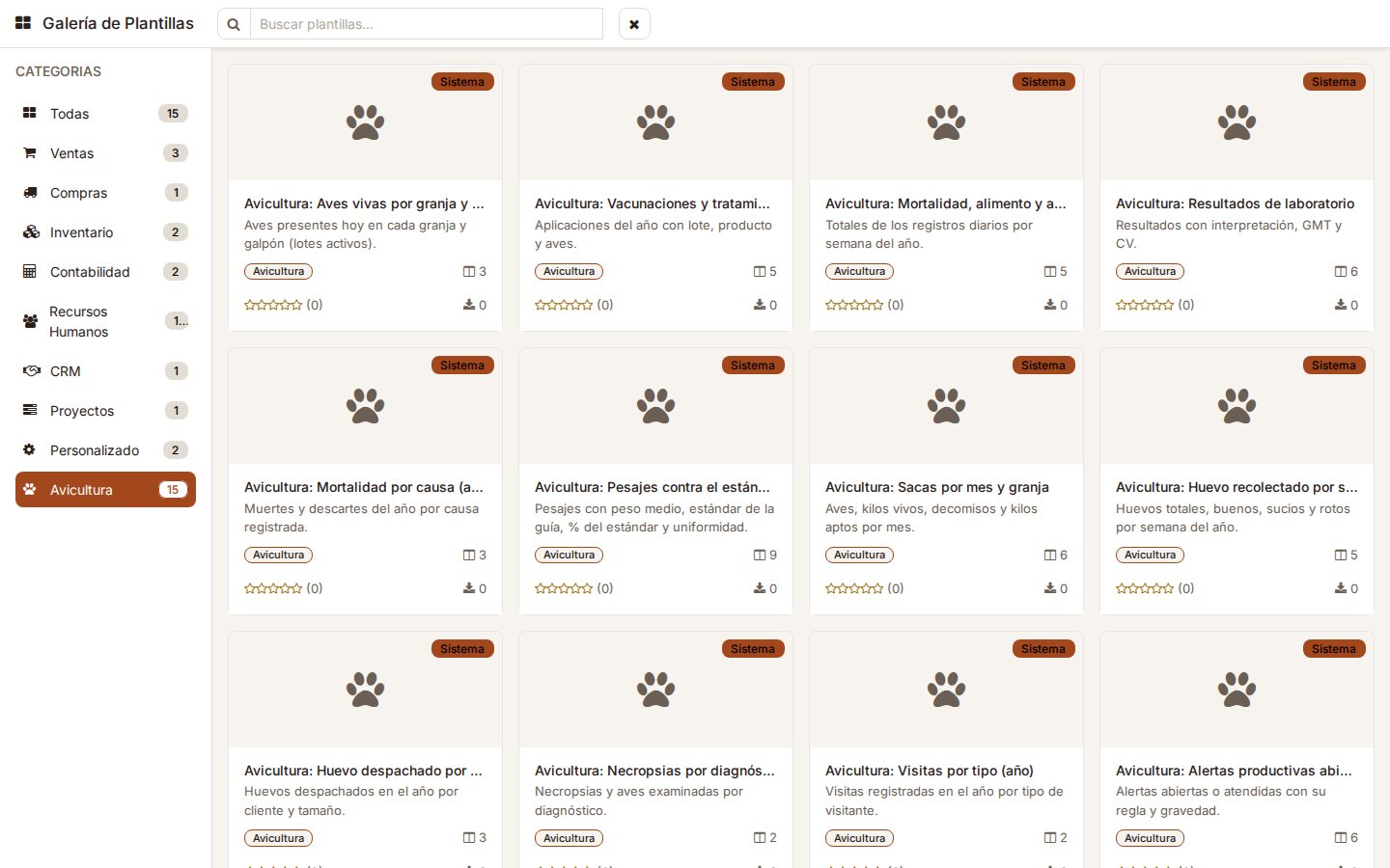 Galería de plantillas de GP Report Builder con la categoría Avicultura: aves vivas por granja, vacunaciones, mortalidad y alimento por semana, laboratorio, mortalidad por causa, pesajes contra el estándar, sacas, huevo y más