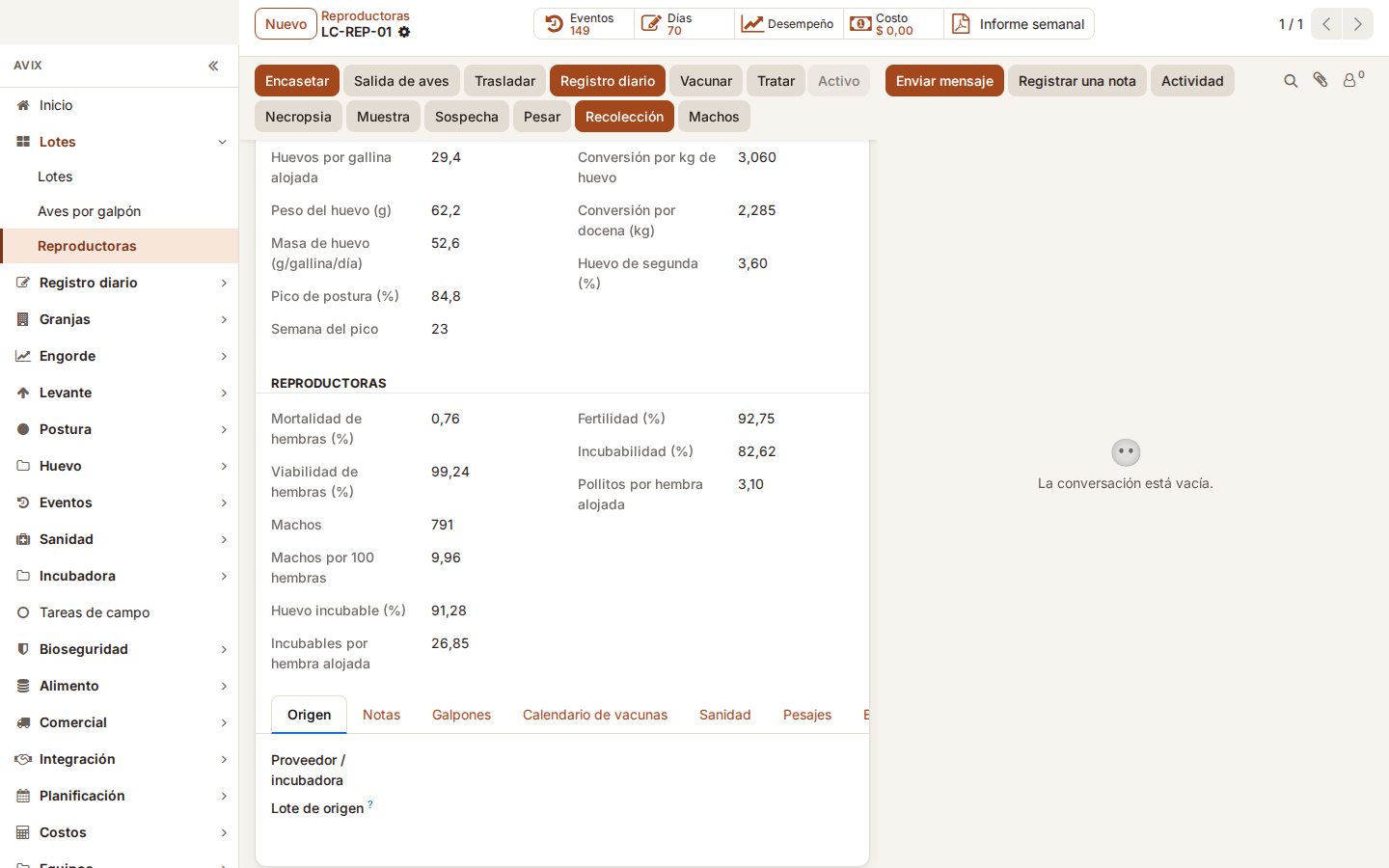 Ficha de un lote de reproductoras en Avix con sus botones de registro diario, recolección y machos, su ciclo, la postura y los indicadores de reproductoras