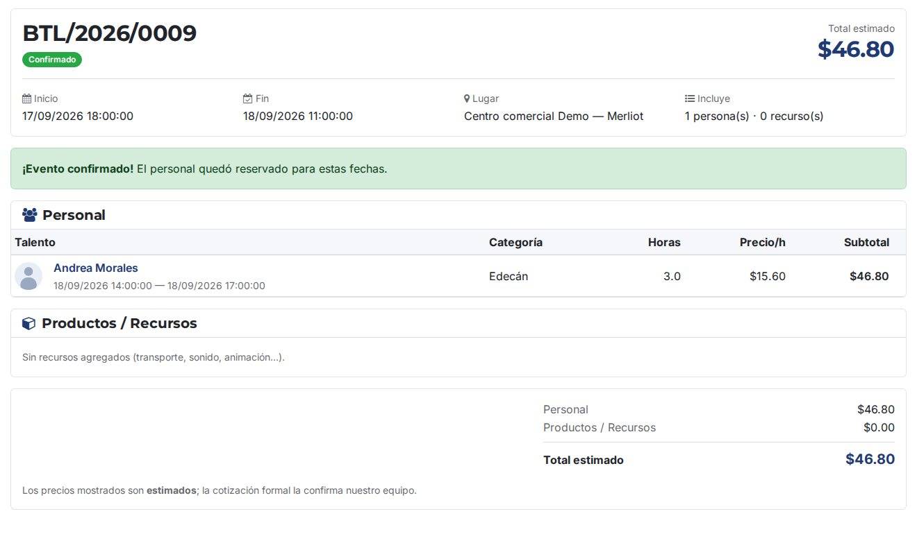 Portal del cliente con un evento BTL confirmado: fechas, lugar, personal asignado con su categoría, horas y precio por hora, recursos y total estimado
