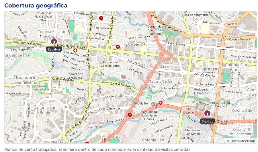 Mapa de cobertura geográfica de una campaña BTL con los puntos de venta trabajados y la cantidad de visitas cerradas en cada uno
