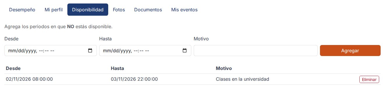 Disponibilidad en el portal del personal BTL: formulario para agregar los periodos en que no está disponible y lista de bloqueos con su motivo