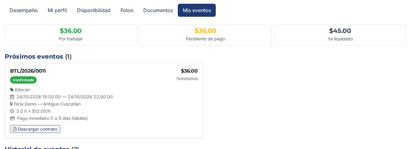 Mis eventos en el portal del personal BTL: honorarios por trabajar, pendientes de pago y ya liquidados, y el próximo evento con su categoría, fecha, lugar, horas, tarifa, forma de pago y contrato descargable