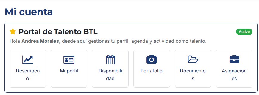 Inicio del portal de talento BTL con accesos a desempeño, mi perfil, disponibilidad, portafolio, documentos y asignaciones