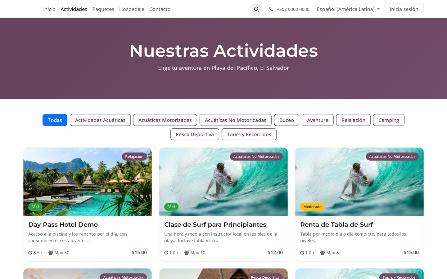 Sitio web de DV-TOUR con el catálogo de actividades filtrado por categoría: day pass, clases de surf y renta de tablas con duración, cupo y precio