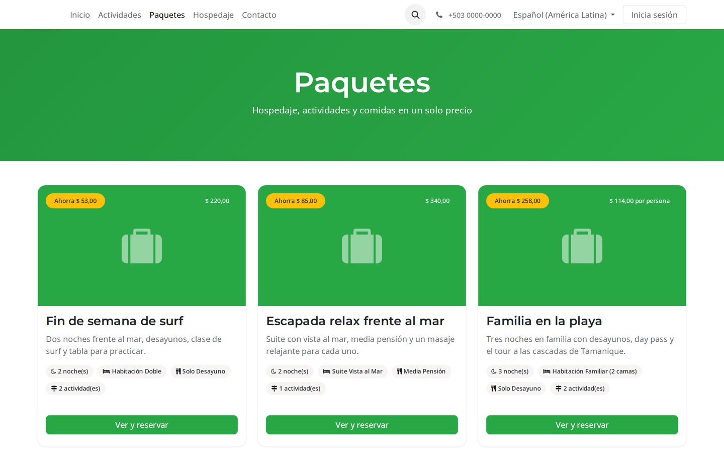 Página de paquetes de DV-TOUR: fin de semana de surf, escapada frente al mar y familia en la playa, con noches, actividades, plan de comidas y ahorro frente al precio por separado