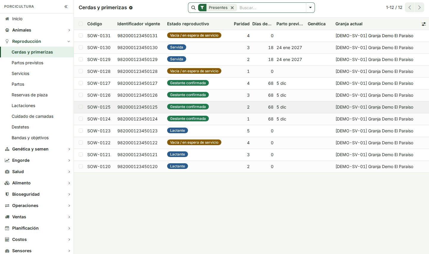 Lista de cerdas y primerizas en PigPro con código, arete RFID, estado reproductivo (vacía, servida, gestante confirmada, lactante), paridad, días en el estado y parto previsto